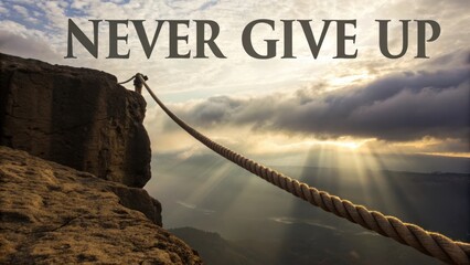 Inspirational Mountain Landscape with Motivational Quote 'Never Give Up' for Encouragement and Hope
