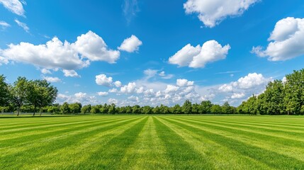 Expansive Green Lawn Under Bright Blue Sky with Fluffy Clouds and Lush Trees Surrounding the Open Field
