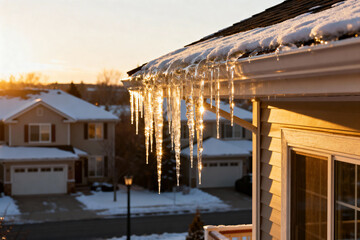 Obraz premium Sunlit icicles hanging from roof in winter suburban neighborhood at sunset