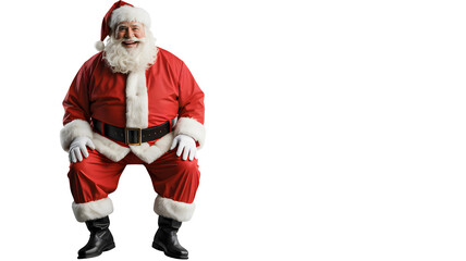 Full body shot of a jolly santa claus wearing his iconic red suit and white beard sitting down isolated on transparent background
