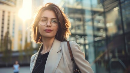 A stylish woman with short brown hair, wearing glasses, a beige blazer, and a brown leather bag, walking in front of a modern glass building with a sun flare in the background.