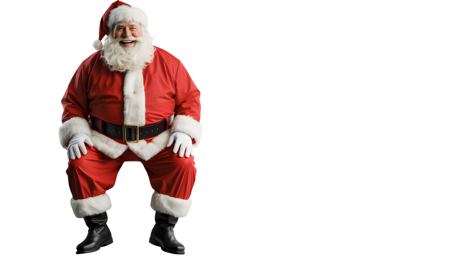 Full body shot of a jolly santa claus wearing his iconic red suit and white beard sitting down isolated on transparent background