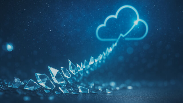 An evocative representation of cloud computing, a digital realm is visualized through luminescent glass fragments ascending towards a glowing cloud.
