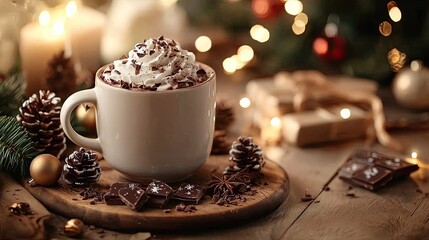 Cozy Hot Chocolate with Whipped Cream and Chocolate Shavings Surrounded by Festive Decorations and Candlelight