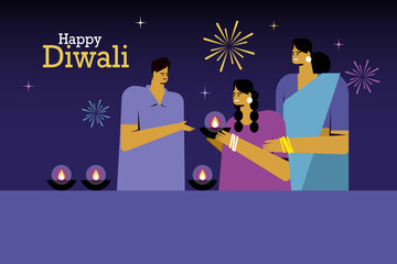 Illustration of an Indian family lighting Diwali festival lamps in their home