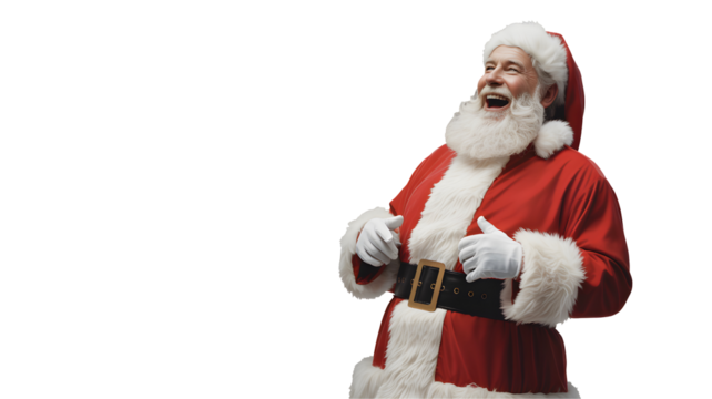 Joyful santa claus character wearing his traditional red suit and white beard singing with open mouth isolated on transparent background - Powered by Adobe