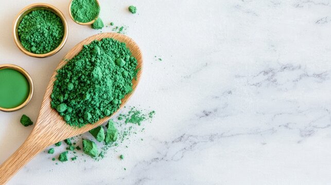 Vibrant Green Powders and Pigments Displayed on a Marble Surface with a Wooden Spoon