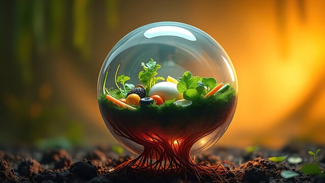 Surreal floating meal inside glowing eco-sphere, roots extending into soil, symbolizing sustainable nutrition.