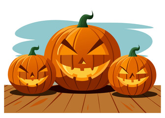 Illustration of three carved jackolanterns with spooky faces sit on a wooden surface, with a blue sky and clouds in the background, evoking a classic halloween atmosphere
