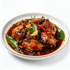 Glistening chicken morsels in dark aromatic sauce displayed on white background