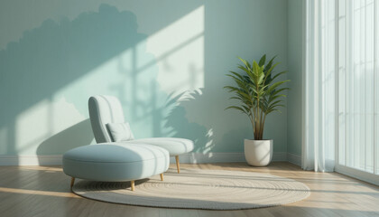 Fototapeta premium Serene living room with modern chair and potted plant is bathed in soft sunlight. light blue walls and wooden floor create calming atmosphere, enhanced by round rug