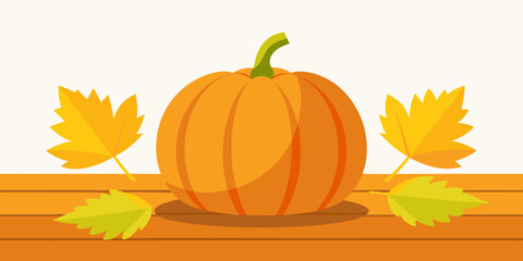 Illustration of a vibrant orange pumpkin sits centered on a wooden surface, surrounded by falling yellow autumn leaves, symbolizing the harvest season and fall festivities
