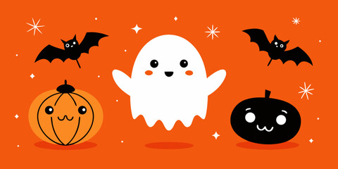 Illustration of cute cartoon ghost with pumpkins and bats on an orange background, perfect for halloween decorations and designs, evoking a fun and spooky atmosphere for the holiday season