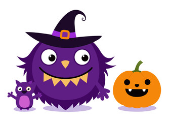 Illustration of halloween illustration featuring a purple monster in a witch hat, a small creature, and a pumpkin