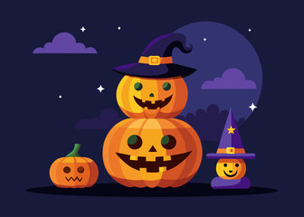 Illustration of stacked halloween pumpkins with carved faces wearing witch hats, set against a dark night sky with clouds and stars, creating a festive and eerie scene for the autumn holiday