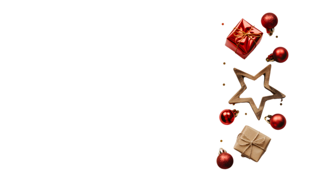 Festive christmas ornaments and gifts arranged vertically on a black background isolated on transparent background