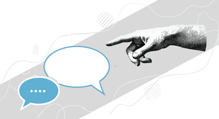 A hand pointing towards two speech bubbles, one empty and one with dots, on a white background.