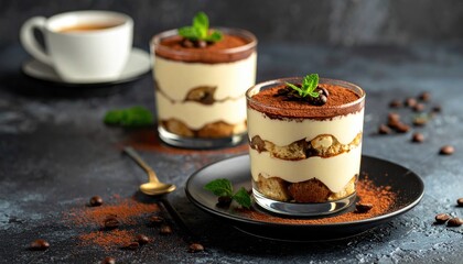Two Creamy Tiramisu Desserts in Glasses