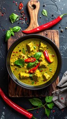Green Curry Chicken in Black Bowl with Chili Peppers