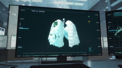 Medical research facility. Scientists are trying to discover Covid-19 Pneumonia treatment. Describing the virus effects. Sorting through CT scan images. 3D X-ray data analysis. Computer User interface - Powered by Adobe