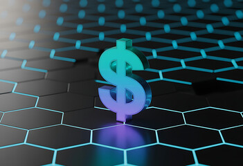Glowing blue and purple dollar sign symbol on a dark hexagonal grid background