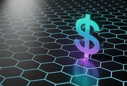 Glowing neon dollar sign symbol with a futuristic hexagonal grid background and vibrant lighting