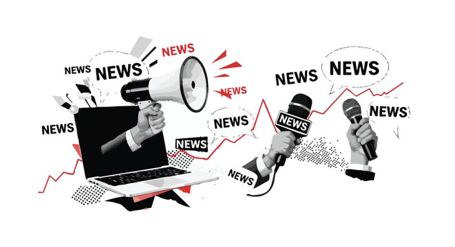 Collage of news-related elements including a megaphone, microphones, a laptop, and the word "NEWS" scattered around.