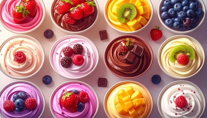 Fototapeta premium A vibrant overhead shot of delicious frozen yogurt cups adorned with fresh fruits and chocolate toppings, a delightful assortment of flavors