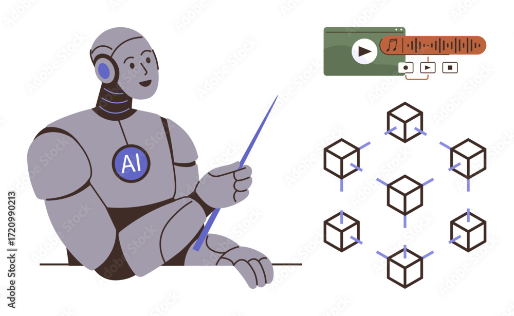 Poster robot pointing at blockchain diagram with music player ui. ideal for technology, ai, blockchain, mus