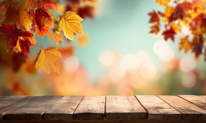 Autumn Leaves Over Wooden Table, Bokeh Background