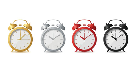 Four vintage alarm clocks in different colors: gold, silver, red, and black, displayed in a row against a white background.