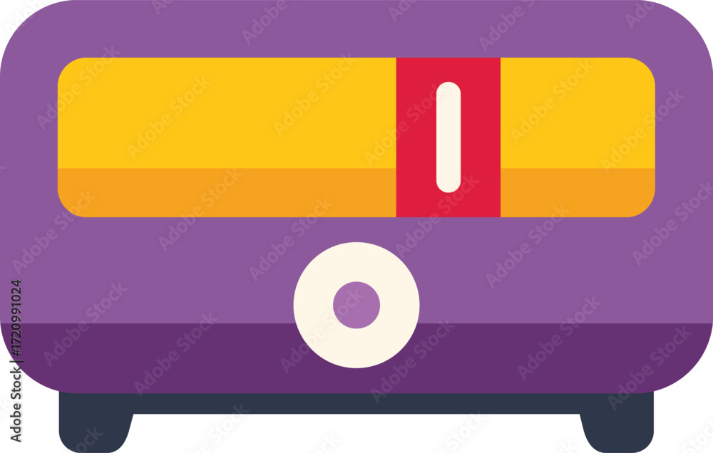 Poster purple vintage radio playing music with a yellow frequency indicator and pause button visible, isola