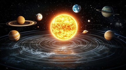 Obraz premium 3D solar system with Sun, Venus, Earth, Jupiter and Saturn rolling in the universe 