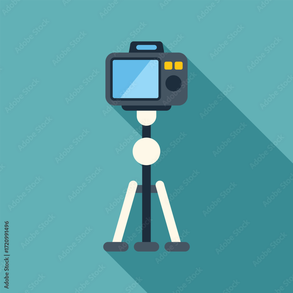 Poster Modern digital camera capturing video or taking photos, mounted on a stable tripod, casting a long shadow in a minimalist style