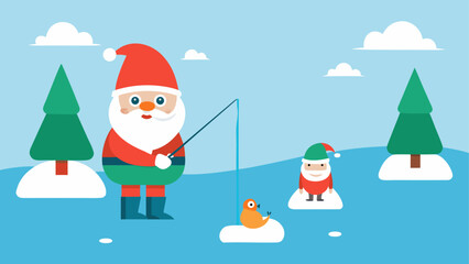 Santa fishing with a bird in winter scene