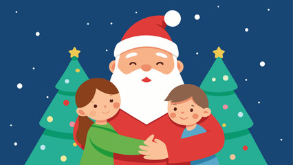 Santa hugging children near christmas trees