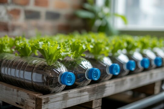 Recycled plastic bottles used for growing healthy green lettuce in a vertical garden setup