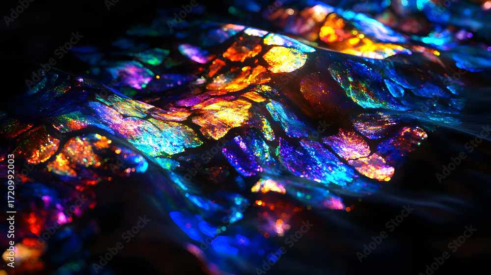 Poster dazzling iridescent texture shimmering with vibrant psychedelic colors, abstract digital art capturi