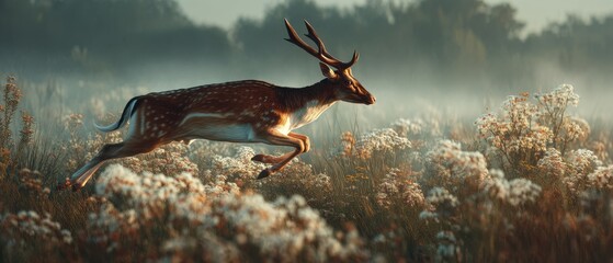 a graceful deer antelope with curved horns, leaps across the wilderness of the Namibian desert