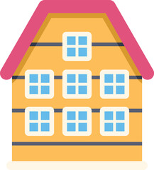 Simple vector illustration of a yellow wooden house with a pink roof and blue windows, representing housing, real estate, and construction