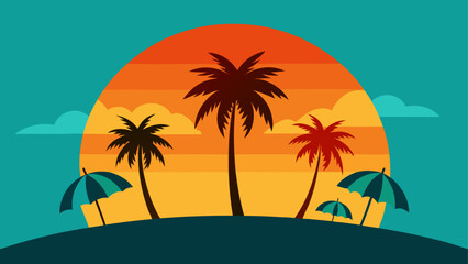 Palm trees and umbrellas at sunset scene