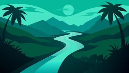 Landscape with river and palm trees view