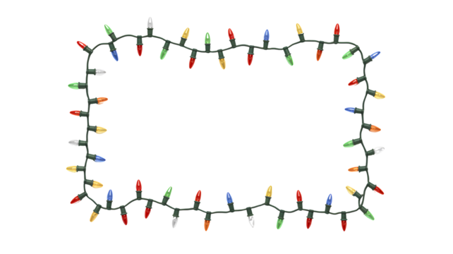Colorful string of christmas lights forming a square frame on a transparent background isolated on transparent background
