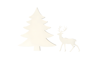 A simple white silhouette of a christmas tree and a majestic reindeer standing side by side isolated on transparent background