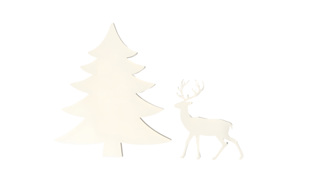 A simple white silhouette of a christmas tree and a majestic reindeer standing side by side isolated on transparent background