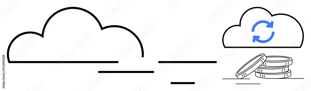 Poster two clouds linked, one with synchronization icon and stacked coins representing data storage, sharin