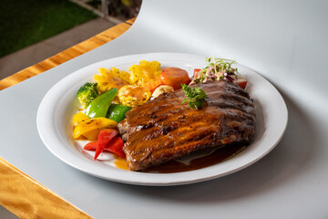 grilled steak with vegetables