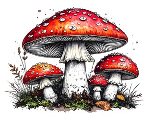 Detailed illustration of three vibrant red and white mushrooms