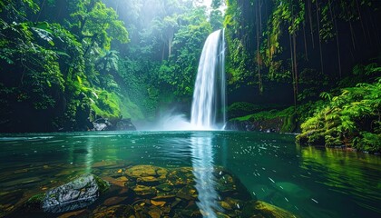 Lush Green Waterfall Cascading into a Tranquil Pool
