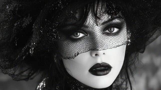 Mysterious gothic woman with dark veil, dramatic makeup, and intense eyes in black and white artistic portrait